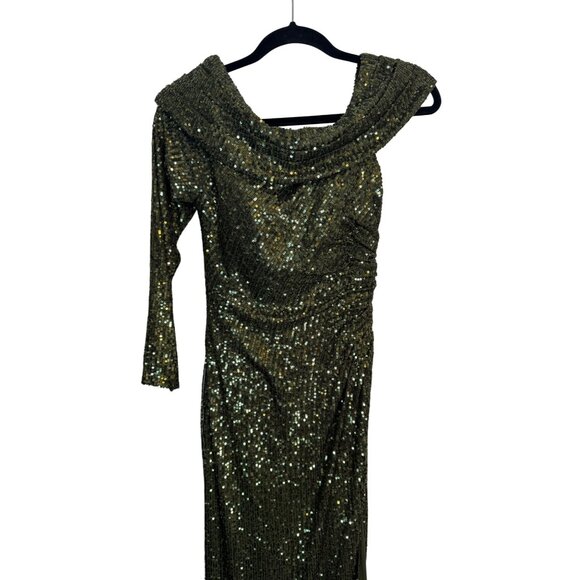 leena For Mac Duggal Size 2 Sequined Olive Green Long Sleeve Gown Draped Collar - Picture 5 of 16